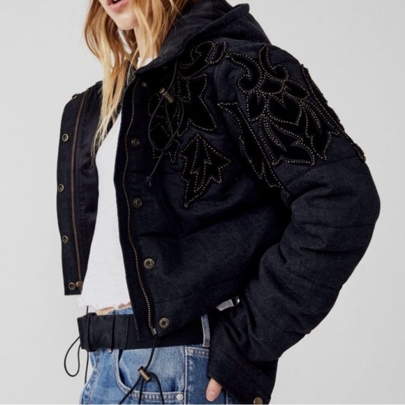 🔥🔥NWT - Free People - Fleur de Lis Denim Puffer Jacket - Washed Black - Picture 3 of 6